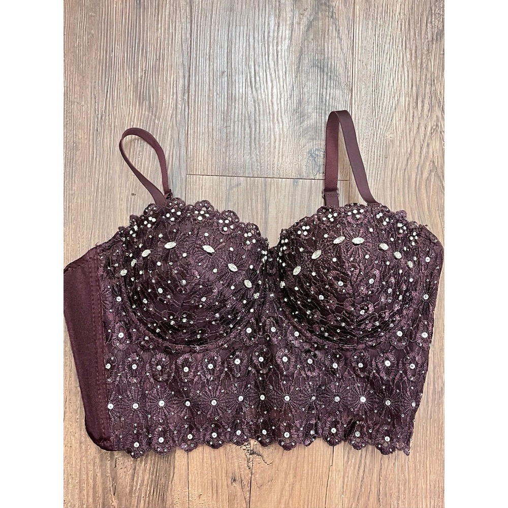 Windsor Top Womens Small Purple Reigning Lace Bustier Crop Top with Rhinestones